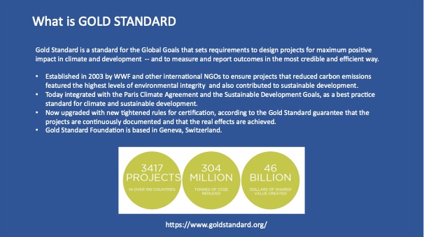 PowerPoint slide explaining the Gold Standard: a standard that sets requirements to design projects for maximum positive impact in climate and development. 
