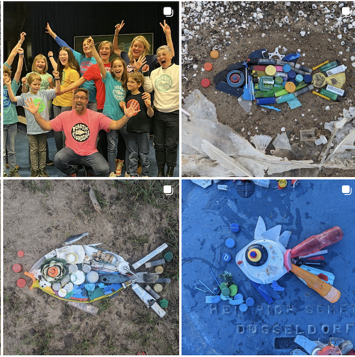 Collage of fish made from plastic and group of people smiling