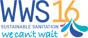 Blue and yellow logo that says, "WWS 16 / Sustainable Sanitation / We can't wait"